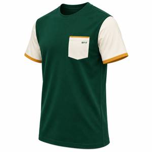 Men's Green Color Blocked <b>T</b>-<b>Shirt</b> <b>With</b> Cream Sleeves And <b>Pocket</b> BFit Logo Regular Fit Casual Jersey Cotton Short Sleeve O-Neck - Product Image 2