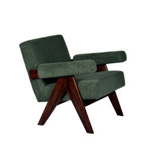 Fauteuil rembourré style Pierre Jeanneret en bois massif avec pieds en V et tissu bouclé vert pour salon de direction - Vente en gros - Product Image 2