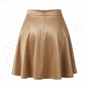 Women A-Line Mini <b>Skirt</b> PU Leather Satin <b>Elastic</b> Waist Shiny Solid Color Pleated Design All Seasons Wear - Product Image 2