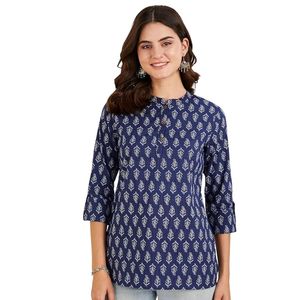 Kurta de algodón con estampado geométrico azul marino para mujer, con cuello mandarín y mangas tres cuartos, top informal - Product Image 1