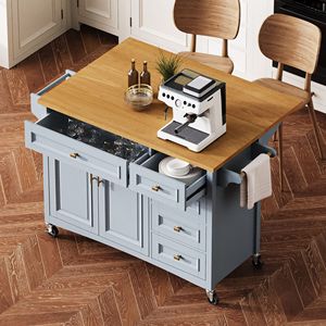 Isla de Cocina de 52 Pulgadas con Textura en Relieve, con Estante para Especias, Toallero, 2 Puertas y 5 Cajones, Islas y Carritos de Cocina con Ruedas - Product Image 4