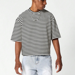 Camiseta a Rayas Oversize de Corte Holgado para Hombre al por Mayor, 100% Algodón 220GSM, Transpirable, Estilo Casual Urbano de Verano - Product Image 1