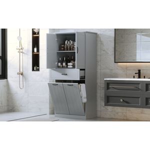 Armoire de rangement de salle de bain grise à deux portes avec tiroir et paniers à linge, meubles pour la maison - Product Image 5