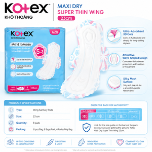 Kotex maxi dry super delgado con alas 23cm - 8 piezas/bolsa |   Productos de Higiene Femenina Premium - Product Image 3