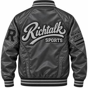 Blouson bomber gris en PU pour homme, col montant, fermeture éclair, coupe sportive, coupe régulière, coupe-vent, vêtement d'hiver, logo frontal, doublure polaire - Product Image 2