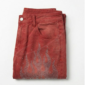 Men's Red Denim Shorts With Rhinestone Flame Design Mid Waist Casual Summer Style Woven Cotton Straight Leg - Product Image 4