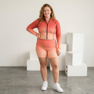 <b>Womens</b> Sporty 2-Piece Set <b>Long</b> Sleeve Zipper Top High Waist <b>Shorts</b> Breathable Knitted Spandex Nylon Spring Summer Workout - Product Image 1