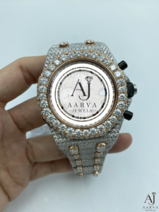 AARVA JEWELS Montre de luxe pour homme en acier inoxydable avec cristal saphir et diamants, 43 mm, chronographe analogique, mouvement à quartz, bracelet pliable de 20 mm - Product Image 5