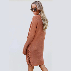 <b>Woolen</b> Knitted Sweater <b>Dress</b> Crew Neck Long Sleeve Lace Up Bow Midi Pullover - Product Image 2