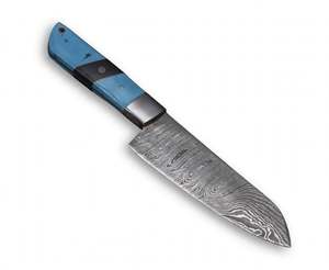 Couteau Santoku de cuisine artisanal en acier Damas avec manche en os turquoise - Product Image 1