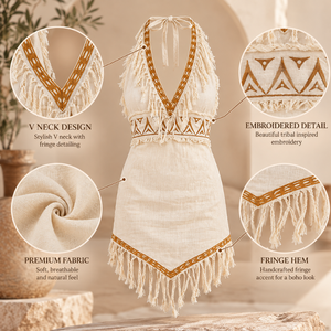 Boho Womens V Neck <b>Tribal</b> Embroidered Fringe <b>Dress</b> Sleeveless Tassel Hem Beach Resort Holiday Cover Up Handcrafted Boho Fashion - Product Image 2