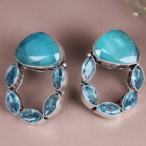 Ethnic Boho Flower Brass Drop <b>Earrings</b> <b>Blue</b> <b>Topaz</b> Gemstone Party Tribal Statement Jewelry for Women - Product Image 2