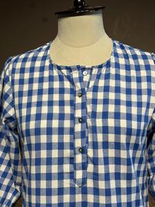 Robe décontractée à carreaux bleus et blancs à manches longues, robe midi à coupe évasée avec poche pour femmes - Product Image 2