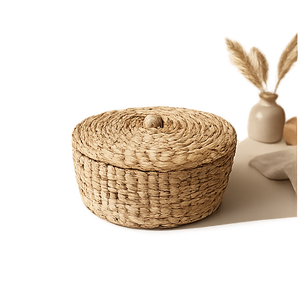 Handwoven Seagrass Vintage Storage <b>Basket</b> with Lid <b>Round</b> <b>Wicker</b> Organizer Folk Art Decoration - Product Image 1