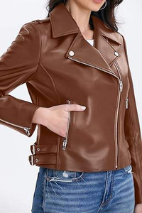 Women's Brown PU Leather Moto <b>Jacket</b> Full Sleeve Brown Plus Size Style <b>Ladies</b> Leather Outerwear In 2026 - Product Image 5