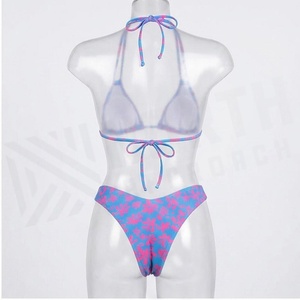 Ensemble de bikini à imprimé floral pour femmes, bleu rose, maillot de bain deux pièces, extensible, en spandex et polyester, coupe régulière, bas de maillot de bain string - Product Image 2