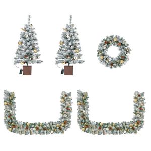 Pre-Lit 4 Piece Holiday Christmas Set Warm White <b>LED</b> <b>Lights</b> Christmas Garland and Wreath Set of 2 Entrance <b>Trees</b> - Product Image 1