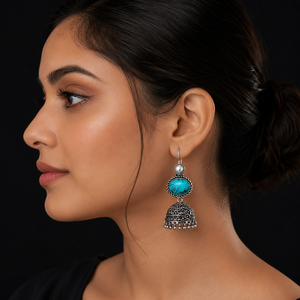 Pendientes Jhumka de Piedra Turquesa |   Joyería Étnica de Plata Oxidada al por Mayor - Product Image 2