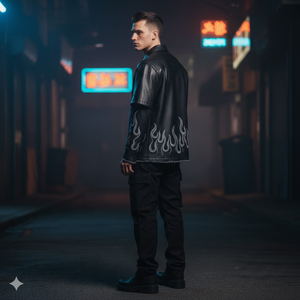 Chaqueta de Cuero PU Negra Personalizada para Hombre, Estilo Urbano, con Gráfico de Llama Bordado, Manga Corta, Transpirable, Tallas Grandes, Camisas Hip Hop - Product Image 6