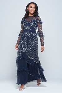 Vestido de noche largo de gasa transparente con cuello alto, lentejuelas florales en relieve, manga larga y corte en A, color azul marino - Product Image 4