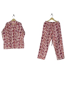 Ensemble de pyjama en coton à fleurs Boho pour femmes, élégant imprimé vigne rouge, vêtements de nuit indiens traditionnels de 3 pièces pour la saison d'automne - Product Image 6
