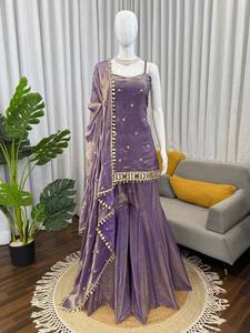 Conjunto de Salwar Kameez Tradicional de Seda Morada para Mujer, Diseño Indio-Pakistaní, Sin Arrugas, Elástico, para Fiestas y Bodas, Talla XL - Product Image 4