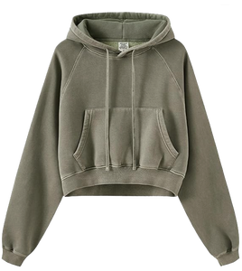 Women's Acid Wash <b>Cropped</b> Hoodie Regular Fleece Lined Pullover Sweatshirt Windproof Anti-UV Simple Custom Logo - Product Image 4