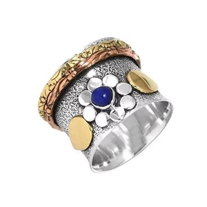 Anillo giratorio de lapislázuli, filigrana de Plata de Ley 925, anillo de diseñador texturizado de dos tonos extra ancho, regalo para ella - Product Image 5