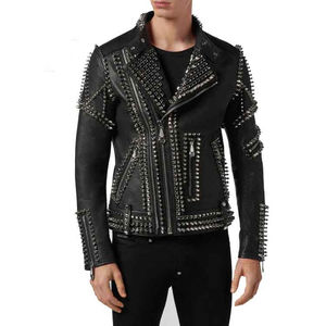 Men's <b>Punk</b> Style Leather Motorcycle <b>Jacket</b> With Rivet Decoration Zipper Closure Turn-Down Collar - Product Image 1