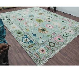 Alfombra de algodón verde persa Oushak con diseño floral, anudada a mano, para sala de estar, pasillo, antideslizante, apta para mascotas, con base de espuma. - Product Image 3