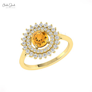 Hallmarked 14k Solid <b>Gold</b> Natural 6mm Round Cut Citrine & Diamond Double Halo <b>Ring</b> Wholesale Wedding Jewelry Supplier from India - Product Image 4