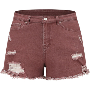 Shorts en jean déchirés taille haute pour femme, style décontracté d'été, couleur unie, coupe boyfriend, avec ourlet effiloché et trous. - Product Image 1
