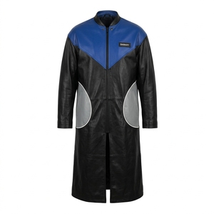 <b>Mens</b> <b>Black</b> Real Leather <b>Trench</b> <b>Coat</b> Royal Blue Chevron Yoke Grey Pocket Custom Biker Winter Overcoat Longline ODM Factory - Product Image 1