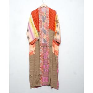 Kimono long bohème traditionnel japonais en satin de soie assorti pour femme, vêtement de nuit patchwork, longueur intégrale, paréo de plage d'été - Product Image 6