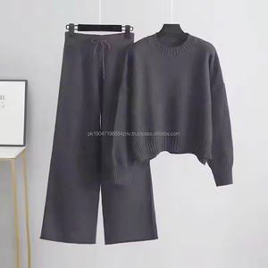 Custom Winter Knitted Sweater Crew Neck <b>Clothing</b> Set for Women 2 Pieces Casual Sweater and Pant Trouser Set Acrylic Set - Product Image 3
