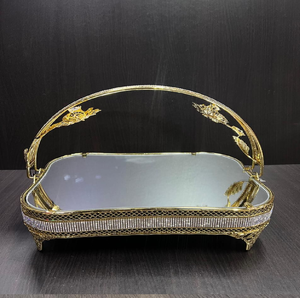 <b>Rectangular</b> gold <b>mirrored</b> cake stand <b>tray</b> with crystal trim and floral arch, available at wholesale prices. - Product Image 1