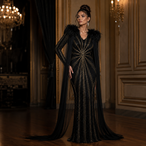 Luxury Black Gold Sequin Evening Gown Women | Feather Shoulder Cape Sleeve Formal Party Dress Designer Red Carpet Maxi Wear Gown - Product Image 2