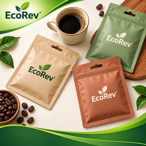 Bolsas de Café EcoRev con Cierre, Biodegradables, Laminadas, Termosellables, Impresas en Offset, de Grado Alimenticio, con Cierre Superior Reutilizable - Product Image 1