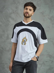 Camiseta de Manga Corta con Cuello en V para Hombre, Estilo Urbano, de Algodón Jersey Oversize, con Estampado de Llamas en la Parte Delantera, Transpirable - Product Image 3