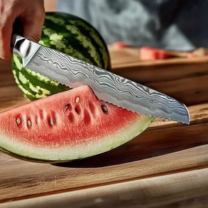 Cuchillo para Pan Ambidestro, Hecho a Mano, Ecológico, Apto para Lavavajillas, en Acero de Damasco, con Mango de Madera y Funda de Cuero - Product Image 3