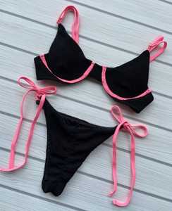 Ensemble de bikini personnalisable avec micro-soutien-gorge, motifs à carreaux, fruits, animaux et unis, décorations en strass et dentelle, logo sur la taille avant - Product Image 4