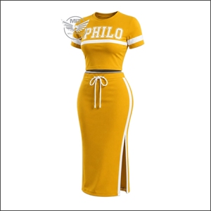 Conjunto de Dos Piezas para Mujer Philo, Vestido Midi Ajustado Color Amarillo Mostaza, Manga Corta, Cuello Redondo, Cintura Alta con Cordón, Ropa Casual - Product Image 1