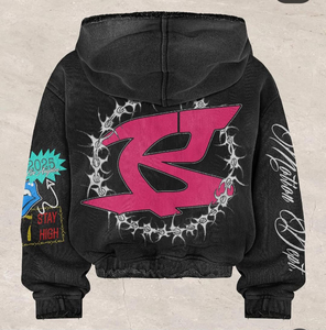 ชุดเซ็ตฮู้ดดี้และกางเกงวอร์มผ้าฝ้ายปักลายคริสตัลแบบกำหนดเอง ทรงโอเวอร์ไซส์ ครอป แอซิดวอช ซิปหน้า สไตล์วินเทจขาดๆ - Product Image 3