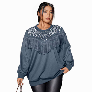 Teal Oversized Sweatshirt with <b>Rhinestone</b> Fringe Detail Western-Inspired Pullover Long Sleeve Embellished Streetwear Apparel - Product Image 3