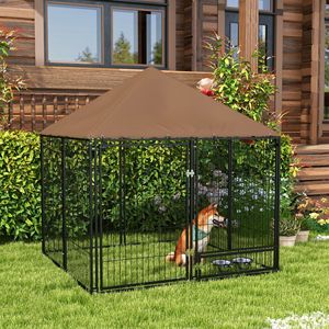 Corral exterior para perros 4.6 x 4.6 x 5, parque de juegos para cachorros con dosel, corral de jardín, jaula con valla, con comedero giratorio, jaula negra para mascotas - Product Image 2