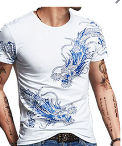 T-shirt blanc à manches courtes pour homme, col rond, imprimé dragon bleu, coupe ajustée, vêtement décontracté, respirant, tissu jersey 100% coton - Product Image 1