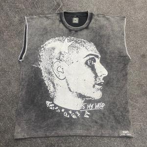 Camiseta sin mangas para hombre, lavada al ácido, de algodón grueso, estilo urbano, con estampado gráfico, cuello redondo, personalizada - Product Image 1