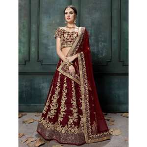 Impresionante Lehenga Choli de Seda Cruda Color Granate, Diseño de Fiesta, Semi-Confeccionado, Ropa Zeel - Product Image 1