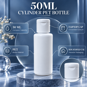 Bouteille cylindrique pratique en PET de 50 ml avec bouchon à clapet, réutilisable |   Emballage compact pour cosmétiques et articles de toilette, idéal pour les voyages - Product Image 5