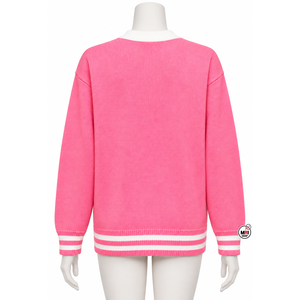 Cárdigan de punto para mujer, rosa y blanco, con cuello en V, manga larga, bolsillos, estilo preppy, largo regular, abotonado, venta al por mayor - Product Image 2